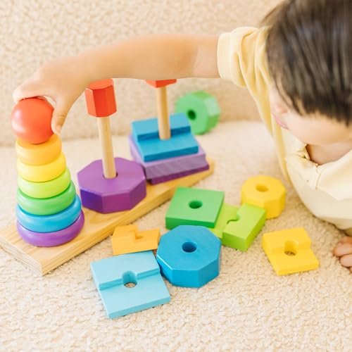 Melissa & Doug Geometric Stacker - Wooden Educational Toy Wooden Shape Sorter And Stacking Toy, Stacking Tower For Babies, Toys For Toddlers And Kids Ages 2+