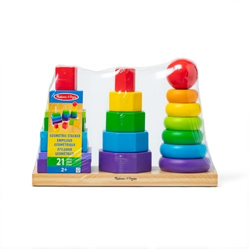 Melissa & Doug Geometric Stacker - Wooden Educational Toy Wooden Shape Sorter And Stacking Toy, Stacking Tower For Babies, Toys For Toddlers And Kids Ages 2+