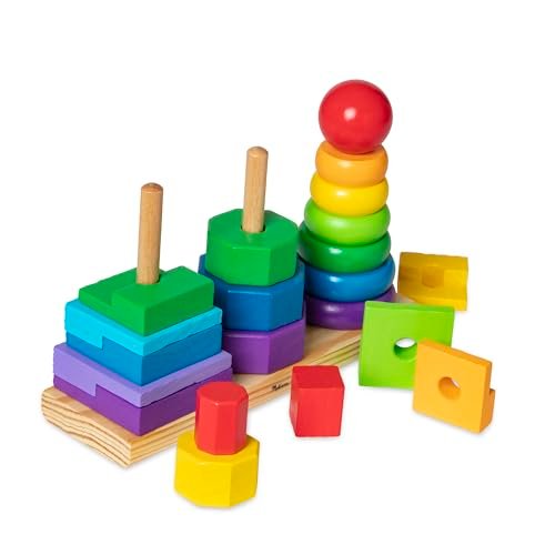 Melissa & Doug Geometric Stacker - Wooden Educational Toy Wooden Shape Sorter And Stacking Toy, Stacking Tower For Babies, Toys For Toddlers And Kids Ages 2+