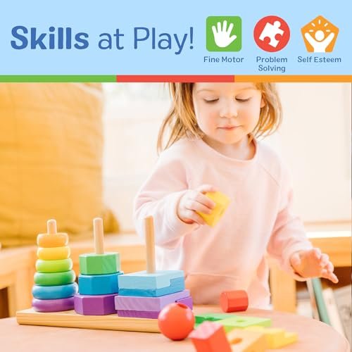 Melissa & Doug Geometric Stacker - Wooden Educational Toy Wooden Shape Sorter And Stacking Toy, Stacking Tower For Babies, Toys For Toddlers And Kids Ages 2+