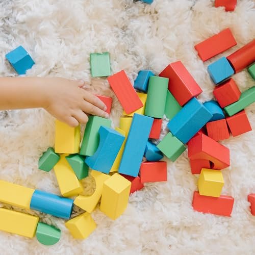 Melissa & Doug Wooden Building Blocks Set - 100 Blocks in 4 Colors and 9 Shapes Classic Kids Toys, Colored Wood For Toddlers Ages 2+ - FSC-Certified