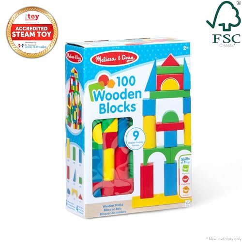 Melissa & Doug Wooden Building Blocks Set - 100 Blocks in 4 Colors and 9 Shapes Classic Kids Toys, Colored Wood For Toddlers Ages 2+ - FSC-Certified