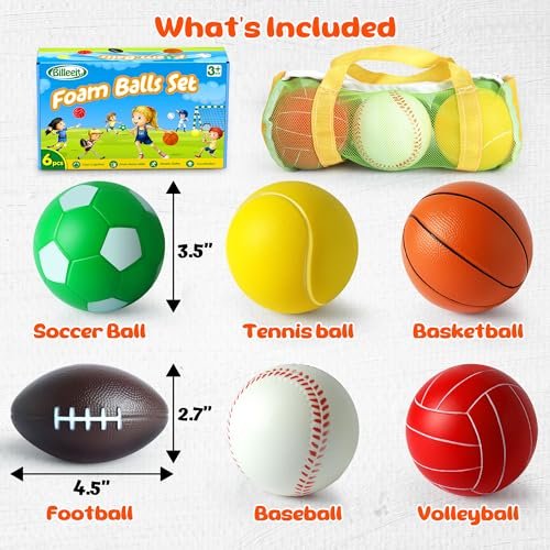 Mini Sports Balls Set for Toddler 1-3, Sports Bag for Kids, Include 1 Each of 3.5" Foam Soccer, Tennis Ball, Basketball, Football, Baseball, Volleyball, Fun Baby Ball Toys, Set of 6