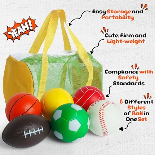 Mini Sports Balls Set for Toddler 1-3, Sports Bag for Kids, Include 1 Each of 3.5" Foam Soccer, Tennis Ball, Basketball, Football, Baseball, Volleyball, Fun Baby Ball Toys, Set of 6
