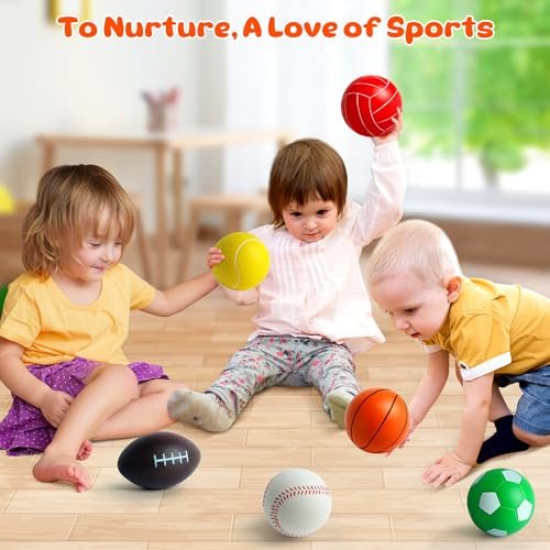 Mini Sports Balls Set for Toddler 1-3, Sports Bag for Kids, Include 1 Each of 3.5" Foam Soccer, Tennis Ball, Basketball, Football, Baseball, Volleyball, Fun Baby Ball Toys, Set of 6