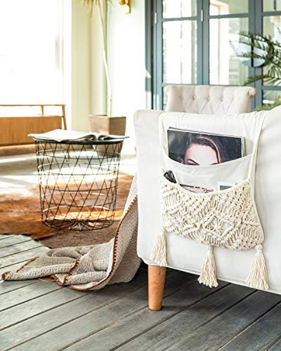 Mkono Macrame Sofa Armrest Organizer Remote Control Holder Couch Bedside Armchair Caddy Storage Basket Bag for TV Remote Control, Magazine, Books, Cell Phone, iPad, Boho Home Dorm Decor, Beige