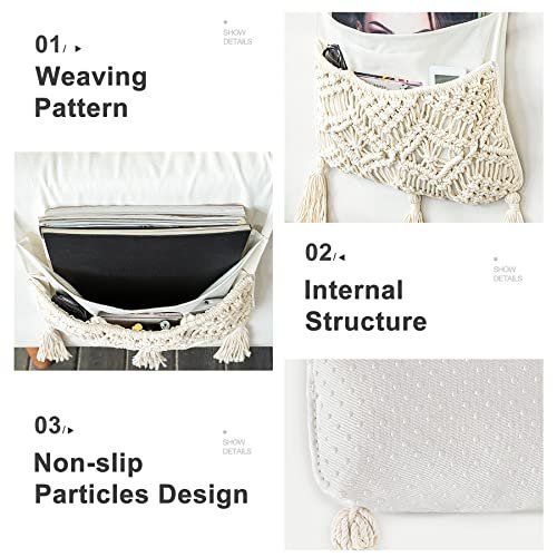 Mkono Macrame Sofa Armrest Organizer Remote Control Holder Couch Bedside Armchair Caddy Storage Basket Bag for TV Remote Control, Magazine, Books, Cell Phone, iPad, Boho Home Dorm Decor, Beige