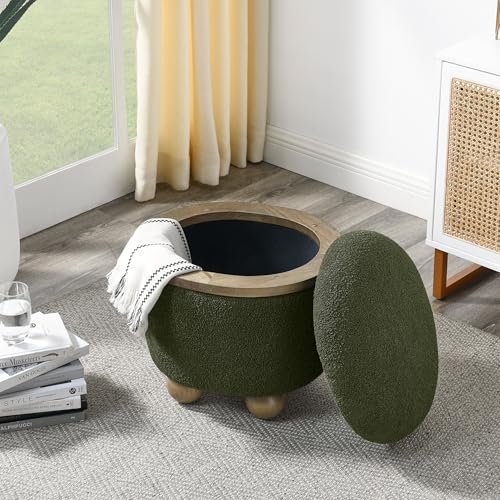 Modern Round Storage Stool, Upholstered Ottoman with Cushioned Seat and Concealed Storage, Stylish Accent for Bedroom, Living Room, Entryway, Dark Green