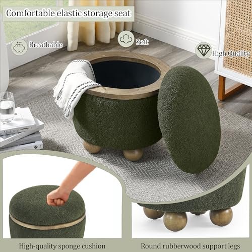 Modern Round Storage Stool, Upholstered Ottoman with Cushioned Seat and Concealed Storage, Stylish Accent for Bedroom, Living Room, Entryway, Dark Green
