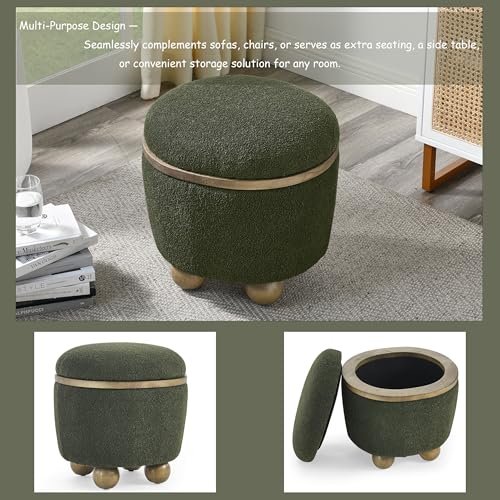 Modern Round Storage Stool, Upholstered Ottoman with Cushioned Seat and Concealed Storage, Stylish Accent for Bedroom, Living Room, Entryway, Dark Green