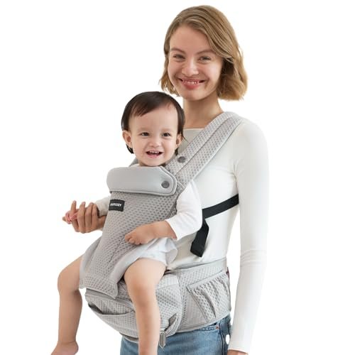 Momcozy Baby Carrier with Hip Seat, 2-in-1 Forward-Facing Carry for Active Babies, Detachable Hands-Free Carrier up to 44lbs, Breathable Infant Carrier Fits Waist Sizes up to 47 Inches, AirMesh Grey