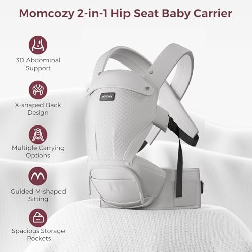 Momcozy Baby Carrier with Hip Seat, 2-in-1 Forward-Facing Carry for Active Babies, Detachable Hands-Free Carrier up to 44lbs, Breathable Infant Carrier Fits Waist Sizes up to 47 Inches, AirMesh Grey