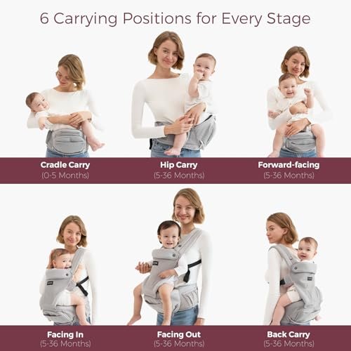 Momcozy Baby Carrier with Hip Seat, 2-in-1 Forward-Facing Carry for Active Babies, Detachable Hands-Free Carrier up to 44lbs, Breathable Infant Carrier Fits Waist Sizes up to 47 Inches, AirMesh Grey