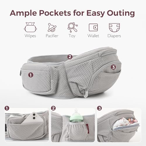 Momcozy Baby Carrier with Hip Seat, 2-in-1 Forward-Facing Carry for Active Babies, Detachable Hands-Free Carrier up to 44lbs, Breathable Infant Carrier Fits Waist Sizes up to 47 Inches, AirMesh Grey