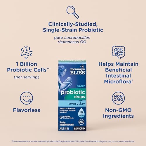 Mommy's Bliss Baby Probiotic Drops, Daily Gas, Constipation, and Colic Symptom Relief + Immune Support, Newborns & Up, 0.34 Fl Oz (30 Servings)