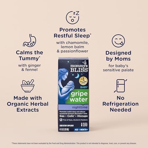 Mommy's Bliss Gripe Water Night Time, Infant Gas & Colic Relief, Gentle & Safe, 2 Weeks+, 4 FL OZ Bottle (Pack of 1)