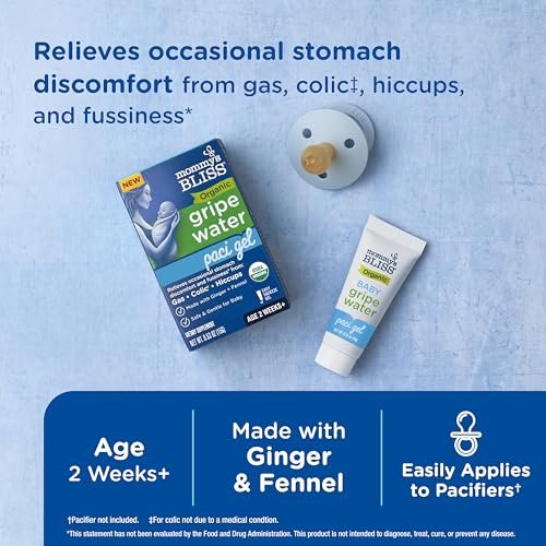 Mommy's Bliss Organic Gripe Water Pacifier Gel for Newborns, Relieves Occasional Stomach Discomfort from Gas, Colic & Fussiness*, Age 2 Weeks +, 0.53 Oz (45 Servings)