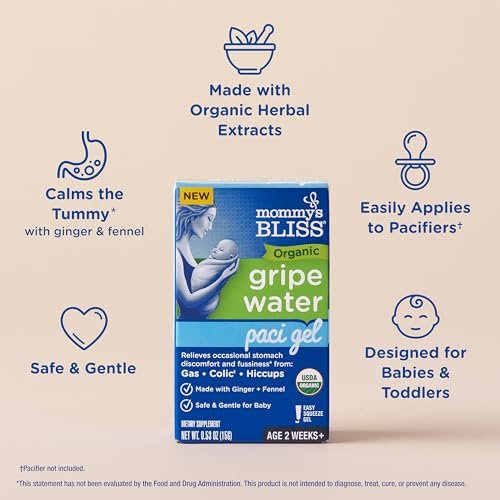 Mommy's Bliss Organic Gripe Water Pacifier Gel for Newborns, Relieves Occasional Stomach Discomfort from Gas, Colic & Fussiness*, Age 2 Weeks +, 0.53 Oz (45 Servings)