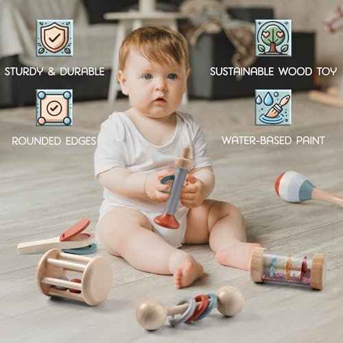 Montessori Mama Baby Rattle and Musical Set, 6 Piece Wooden Infant Toy