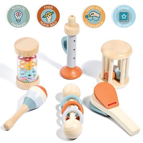 Montessori Mama Baby Rattle and Musical Set, 6 Piece Wooden Infant Toy