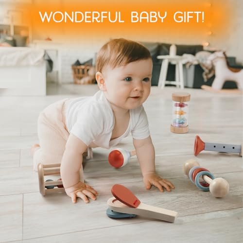 Montessori Mama Baby Rattle and Musical Set, 6 Piece Wooden Infant Toy