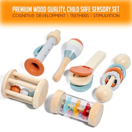 Montessori Mama Baby Rattle and Musical Set, 6 Piece Wooden Infant Toy