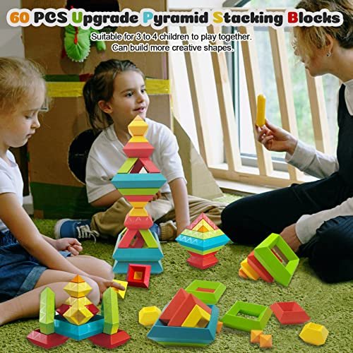 Montessori Toddler Toys for Ages 2-4, 60 PCS Stacking Building Toys Blocks Kids Sensory Toys for Toddlers 1-3 3-5, Preschool Learning Activities Stem Educational Pyramid Gifts for Boys Girls