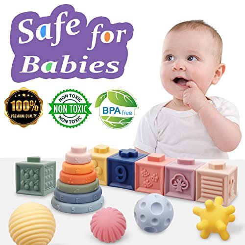 Montessori Toys for Babies,Soft Stacking Building Blocks Rings Balls Sets,3 in 1 Baby Toy Bundle,Sensory Toy for 6-12 Months, Soft Teething Toys for Babies,Baby Gifts for Boy Girl