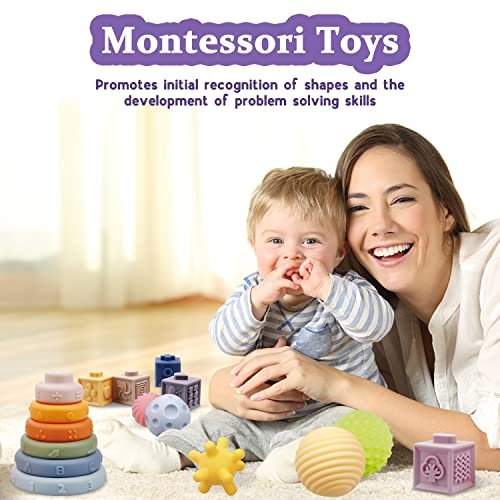 Montessori Toys for Babies,Soft Stacking Building Blocks Rings Balls Sets,3 in 1 Baby Toy Bundle,Sensory Toy for 6-12 Months, Soft Teething Toys for Babies,Baby Gifts for Boy Girl