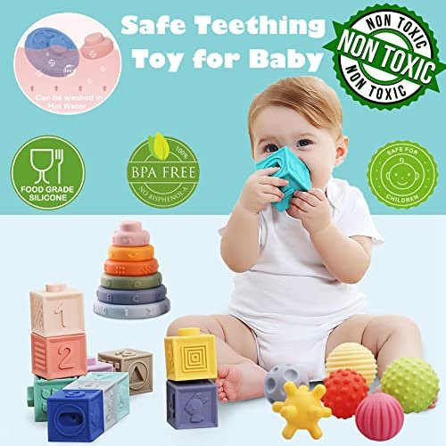 Montessori Toys Soft Stacking Building Blocks Rings Balls Sets 3 in 1 Baby Toys Bundle for Babies 6-12 Months Sensory for Toddlers 1-3 Teething Bath for Infants Learning Toy
