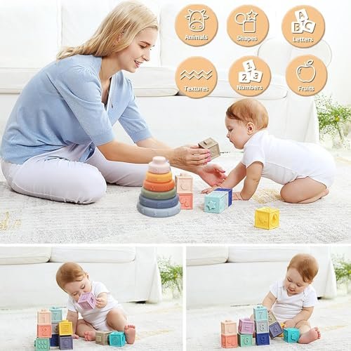Montessori Toys Soft Stacking Building Blocks Rings Balls Sets 3 in 1 Baby Toys Bundle for Babies 6-12 Months Sensory for Toddlers 1-3 Teething Bath for Infants Learning Toy