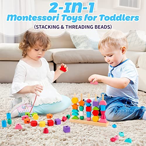 Montessori Wooden Beads Sequencing Toy Set, Stacking Blocks & Lacing Beads & Matching Shape Stacker for 2 3 4 5 Year Old STEM Preschool Learning Montessori Toys Gifts for Kids Boy Girl Toddler