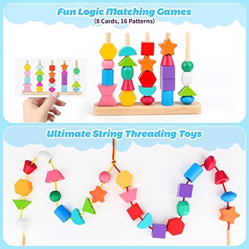 Montessori Wooden Beads Sequencing Toy Set, Stacking Blocks & Lacing Beads & Matching Shape Stacker for 2 3 4 5 Year Old STEM Preschool Learning Montessori Toys Gifts for Kids Boy Girl Toddler