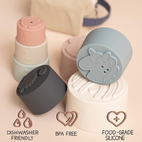 Moonkie Stacking Cups Toy, Fun Educational Baby Toys Silicone Soft Teething Toy, Age 6+ Months, 7 Piece Set