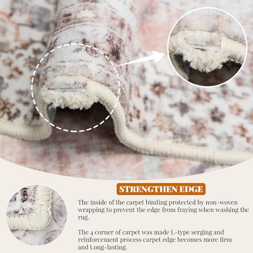 MUJOO Boho Area Rug 3'x5' Machine Washable, Pink Small Non Slip Area Rugs for Entryway Bedroom Bedside Kitchen Hallway Living Room Laundry Room Indoor Mat Soft Low-Pile Floral.