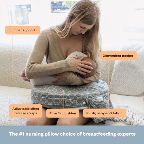My Brest Friend Nursing Pillow - Deluxe - Enhanced Comfort w/ Slipcover - Ergonomic Breastfeeding Pillow For Ultimate Support For Mom & Baby - Adjustable Pillow W/ Handy Side Pocket, Flower Key Grey