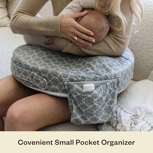 My Brest Friend Nursing Pillow - Deluxe - Enhanced Comfort w/ Slipcover - Ergonomic Breastfeeding Pillow For Ultimate Support For Mom & Baby - Adjustable Pillow W/ Handy Side Pocket, Flower Key Grey