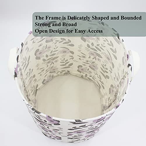 Mziart Collapsible Laundry Basket, Floral Printing Large Laundry Hamper for Baby Girls Kids Toys Clothes Organizer Foldable Storage Bin Waterproof Canvas Nursery Storage Basket with Handles (Purple)