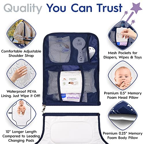 Nasteri Baby Gear Extra Large Portable Baby Changing Pad with Memory Foam Pillow & Insulated Bottle Bag - Waterproof Portable Changing Station for Girls & Boys - Navy