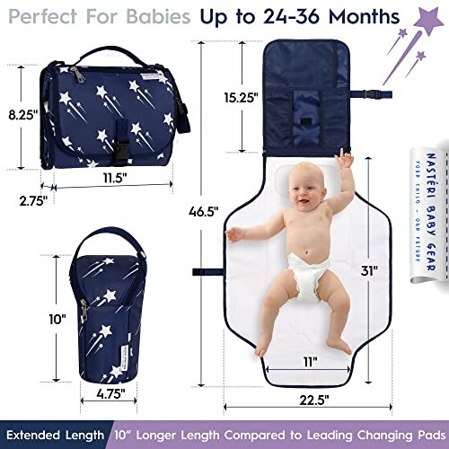 Nasteri Baby Gear Extra Large Portable Baby Changing Pad with Memory Foam Pillow & Insulated Bottle Bag - Waterproof Portable Changing Station for Girls & Boys - Navy
