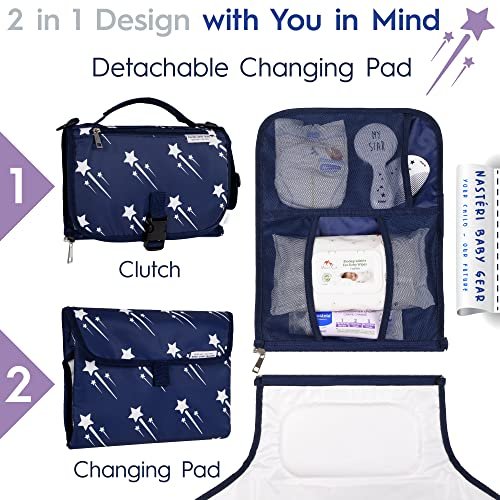 Nasteri Baby Gear Extra Large Portable Baby Changing Pad with Memory Foam Pillow & Insulated Bottle Bag - Waterproof Portable Changing Station for Girls & Boys - Navy