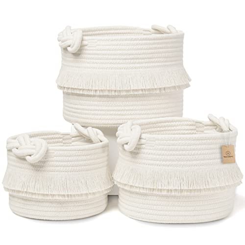 NaturalCozy 3-Piece Decorative Storage Basket Set β Cotton Rope Woven Baskets for Organizing! Small Storage Bins for Nursery Baby Stuff, Gift, Montessori, Dog Toy Bin, Cat Toys, Bathroom Shelves