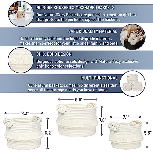 NaturalCozy 3-Piece Decorative Storage Basket Set – Cotton Rope Woven Baskets for Organizing! Small Storage Bins for Nursery Baby Stuff, Gift, Montessori, Dog Toy Bin, Cat Toys, Bathroom Shelves