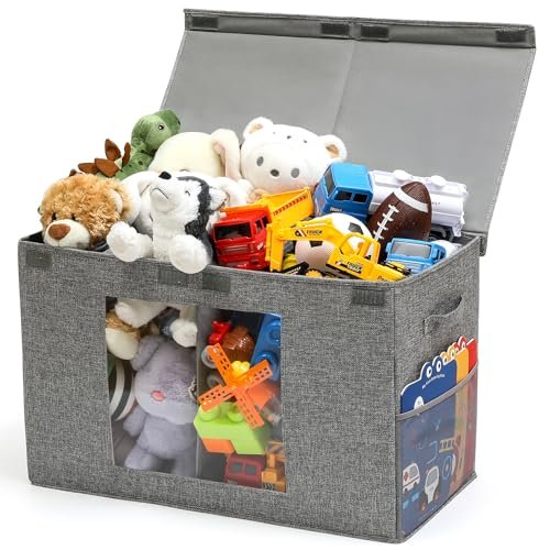 NETANY Clear Window Toy Box & Toy Chest with Lid - Large Toy Storage Organizer, CollapsibleToy Bin with Mesh Pockets for Boys, Girls, Playroom,Living Room Area Organization 25"x13" x16" (Linen Gray)
