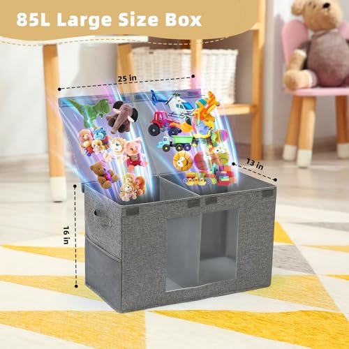 NETANY Clear Window Toy Box & Toy Chest with Lid - Large Toy Storage Organizer, CollapsibleToy Bin with Mesh Pockets for Boys, Girls, Playroom,Living Room Area Organization 25"x13" x16" (Linen Gray)