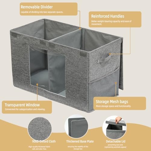NETANY Clear Window Toy Box & Toy Chest with Lid - Large Toy Storage Organizer, CollapsibleToy Bin with Mesh Pockets for Boys, Girls, Playroom,Living Room Area Organization 25"x13" x16" (Linen Gray)