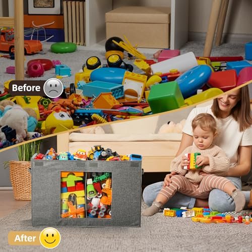 NETANY Clear Window Toy Box & Toy Chest with Lid - Large Toy Storage Organizer, CollapsibleToy Bin with Mesh Pockets for Boys, Girls, Playroom,Living Room Area Organization 25"x13" x16" (Linen Gray)