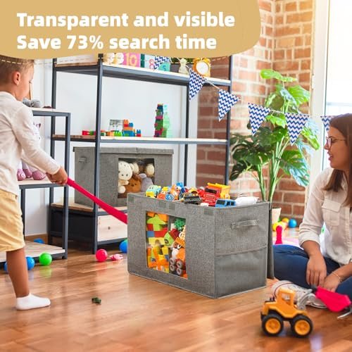 NETANY Clear Window Toy Box & Toy Chest with Lid - Large Toy Storage Organizer, CollapsibleToy Bin with Mesh Pockets for Boys, Girls, Playroom,Living Room Area Organization 25"x13" x16" (Linen Gray)