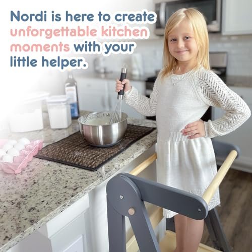 Nordi Foldable Toddler Kitchen Tower,Montessori Kitchen Stools Helper,Standing Tower with 3 Adjustable Heights,Suitable Age for 1.5-6 Years,Grey