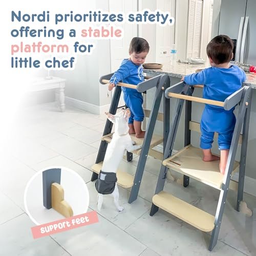 Nordi Foldable Toddler Kitchen Tower,Montessori Kitchen Stools Helper,Standing Tower with 3 Adjustable Heights,Suitable Age for 1.5-6 Years,Grey